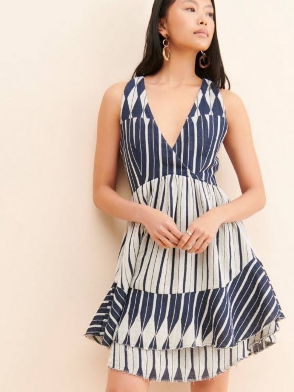 100% cotton Ollari Sleeveless Navy and Cream Striped Cross-Back Sundress